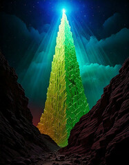 futuristic tower, translucent structure, spire architecture, digital landscape, mountain scenery, surreal architecture, sci-fi design, geometric construction, tall monument, conceptual art, abstract b