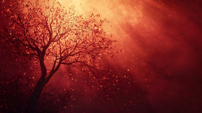 Vibrant Red Sunset Over Silhouetted Tree with Falling Leaves - Powered by Adobe