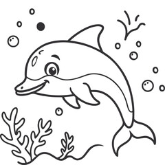 Cute Cartoon Dolphin Swimming – Minimalist Black & White Line Art