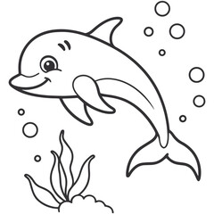 Cute Cartoon Dolphin with Bubbles – Simple Black & White Line Art