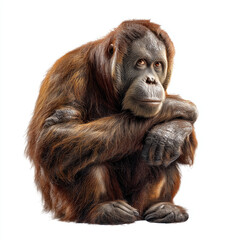Fototapeta premium A thoughtful orangutan sits, hugging knees, brown fur, curious gaze, isolated