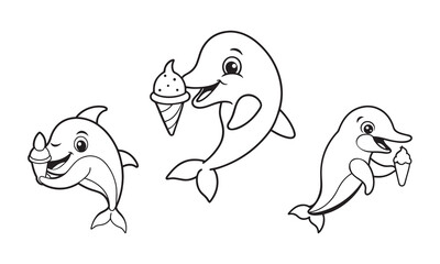 Happy Cartoon Dolphin with Ice Cream – Minimalist Black & White Vector