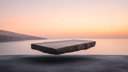 Floating Stone Platform Sunset Seascape Minimalist Background