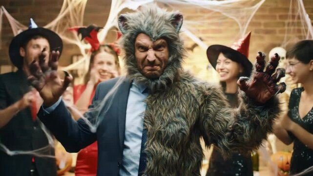 Funny Businessman Dramatically Becoming Werewolf in Workplace Celebration, Hilarious Office Halloween Costume Party Transformation