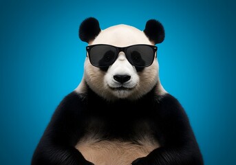 Obraz premium Panda bear wearing black sunglasses in studio portrait
