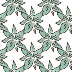 Seamless abstract botanical pattern. Simple background with black, green, white texture. Digital brush strokes. Flowers. Design for textile fabrics, wrapping paper, background, wallpaper, cover.