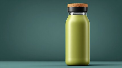 Green Beverage Bottle with Cork Lid on a Minimalist Background