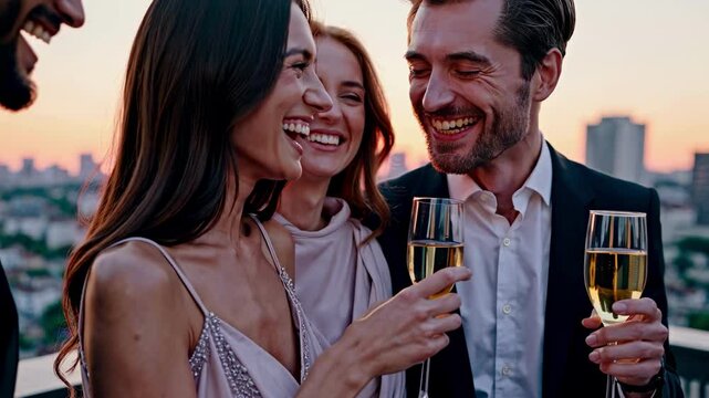 Two people toasting glasses against sunset city skyline convey celebration unity milestone memorable event joy connection partnership hope cherished achievement