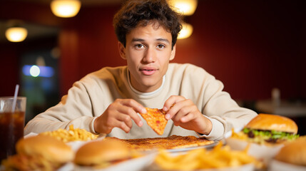 Teen Eating Fast Food at Restaurant. Young Man Enjoying Pizza, Burgers, and Fries Indoors