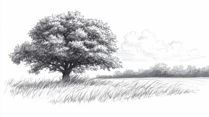 Pencil sketch of a large tree in a grassy field with a cloudy sky and distant trees