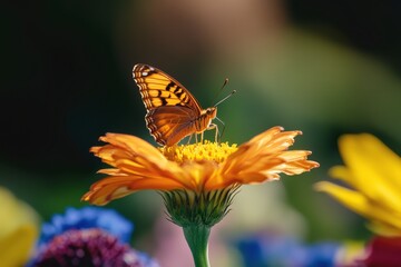 Obraz premium Butterfly perched gracefully on vibrant orange flower amidst a colorful garden in sunny daylight