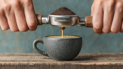 Freshly brewed espresso dripping into a gray ceramic cup, ready to enjoy