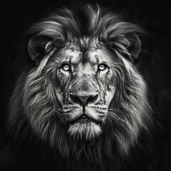 A majestic male lion, with rich black and white fur and piercing eyes, commands attention in this powerful portrait.