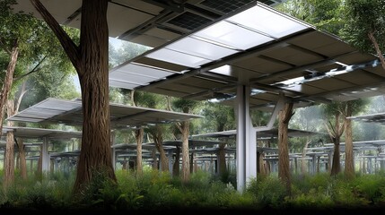 Solar panels canopy over a lush green forest.