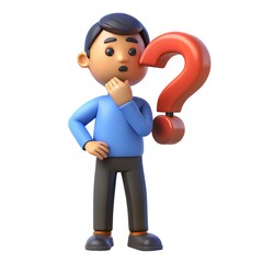 3D cartoon man thinking with a question mark symbol above his head