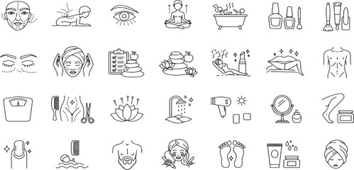 Beauty Line Editable Icons set. Vector illustration in thin line modern style of body care related icons: cosmetic procedures for face and body, diet, cosmetics, and more.
