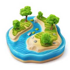 Miniature island landscape with winding river and trees.