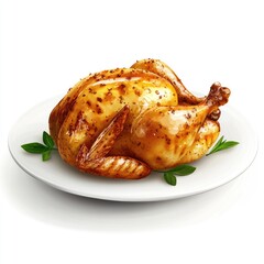 Roasted chicken displayed on a white plate.