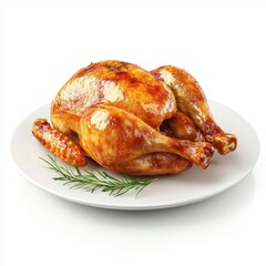 Roasted whole chicken on a white plate, garnished with herbs.