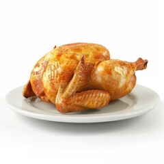 Roasted whole chicken on a white plate, against a plain background.