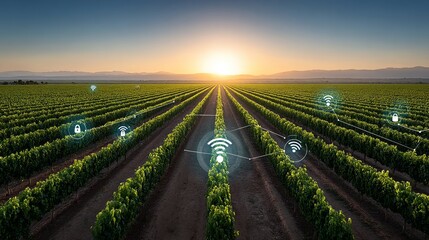 Smart Agriculture: Technology in Vineyards - Sunrise over a technologically advanced vineyard. Wireless icons represent smart farming technology improving efficiency and yield