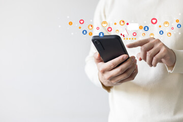 close up businessman hand use smartphone to work about futuristic of social media and business on online marketing with icon for internet network technology and business concept