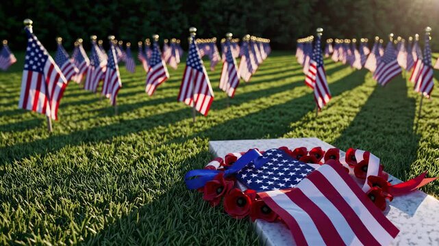 Rows of American flags and wreath on vivid green grass embody remembrance patriotism unity shared memory honor collective pride national respect sacrifice