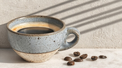 A ceramic mug holds fresh dark coffee, with beans on a white surface. Natural light