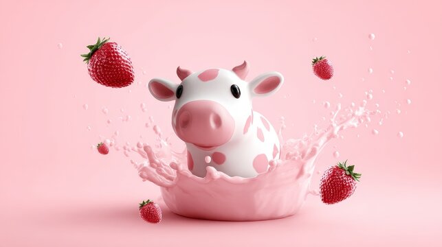 Strawberry Cow in Milk Splash - Adorable cartoon cow, pink and white, playfully splashing in strawberry milk. Symbolizing sweetness, fun, dairy, summer, and healthy treats
