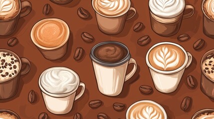 Coffee Cups Seamless Pattern: Latte Art, Cappuccino, Espresso, Coffee Beans