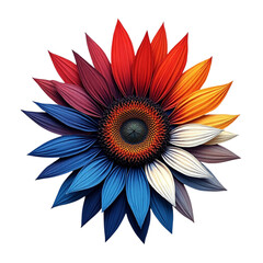 Fototapeta premium Close up of a colorful USA flag color sunflower with rainbow gradient petals isolated on a transparent background