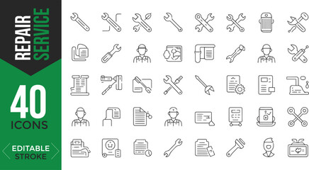 Repair Service Line Icons Set – Editable Vector Illustration of Tools, Repairman, and Maintenance Elements

