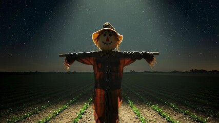 A lonely scarecrow in a dark empty field at night is spotlighted by an intense glowing beam of light from a mysterious hovering ufo footage.
