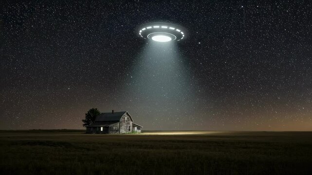 Alien flying saucer shining a beam over an abandoned barn in a field at night. Sci-fi fiction and cosmic encounters theme. Mysterious paranormal event footage.