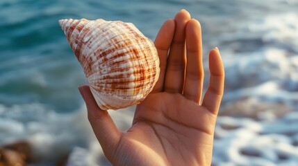 Seashell held gently by a hand near the waves.