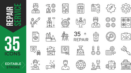Repair Service Line Icons Set – Editable Vector Illustration of Tools, Repairman, and Maintenance Elements

