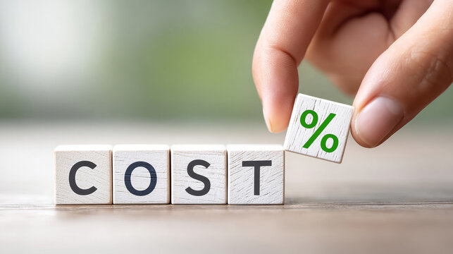 Understanding Cost Percentage - Hand placing percentage block onto cost blocks, illustrating cost analysis and percentage increase or decrease