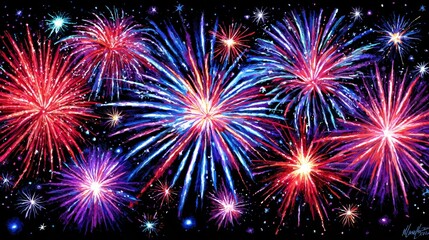 Naklejka premium Vibrant Fireworks Display - A stunning of colorful fireworks exploding against a dark night sky. Perfect for celebrations and festive occasions