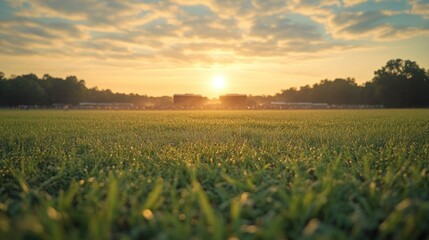 Obraz premium Lush green field at sunrise. Tranquil morning light on a grassy field with distant buildings, soft golden light