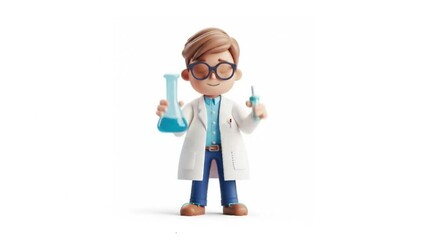 Cartoon scientist holding beaker and syringe. - Powered by Adobe