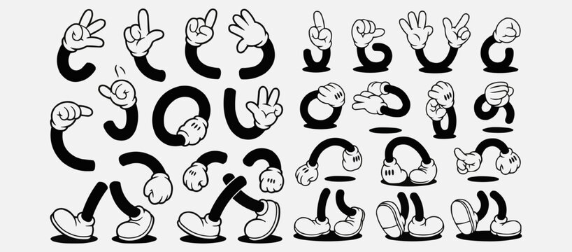 Retro cartoon legs and hands, Hands with gloves and feet with boots, various poses for characters, a set of poses, gestures, placement of hands and feet. Mascot character set. Cartoon set of limbs.eps