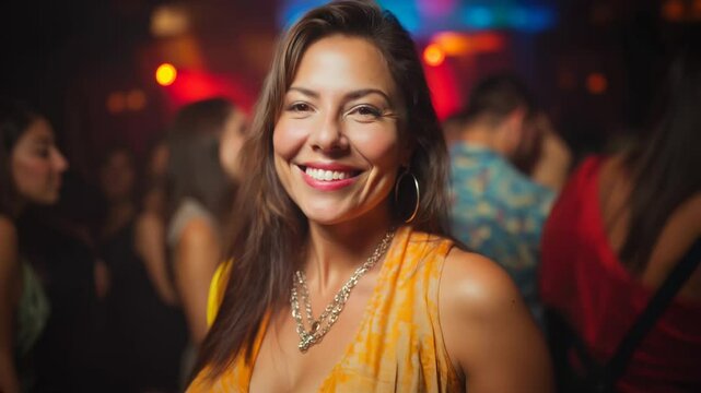 Smiling happy attractive hispanic woman flirting at a night club looking at the camera