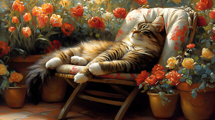 A fluffy cat lying on a garden chair surrounded by pots of tulips and roses
