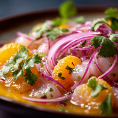Close-up of Peruvian ceviche with citrus, red onion, and cilantro