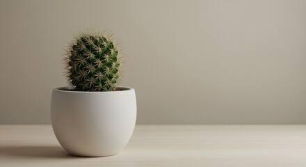 Small cactus in a white ceramic pot against a pale beige background.