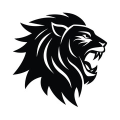 Majestic lion head profile roaring black and white