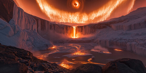 lava waterfall, volcanic eruption, apocalyptic scene, flowing lava, fire and smoke, surreal landscape, natural disaster, extreme heat, molten rock, fiery cliff, scorched terrain, destructive force, ge
