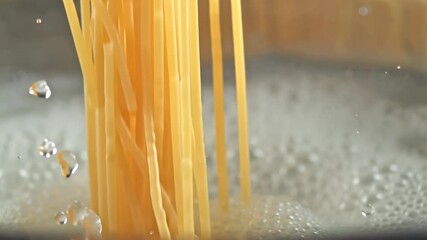 dry spaghetti falling into boiling water in a pan, slow motion
- Powered by Adobe