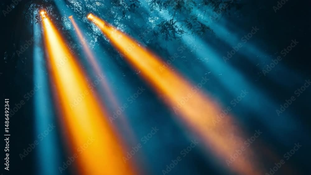Fototapete stage lights in atmospheric setting: energetic beams of golden and blue light pierce through a hazy 