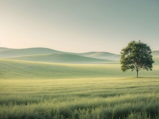 Obraz premium Vast minimalist nature landscape with a solitary tree standing in a green field under a serene sky